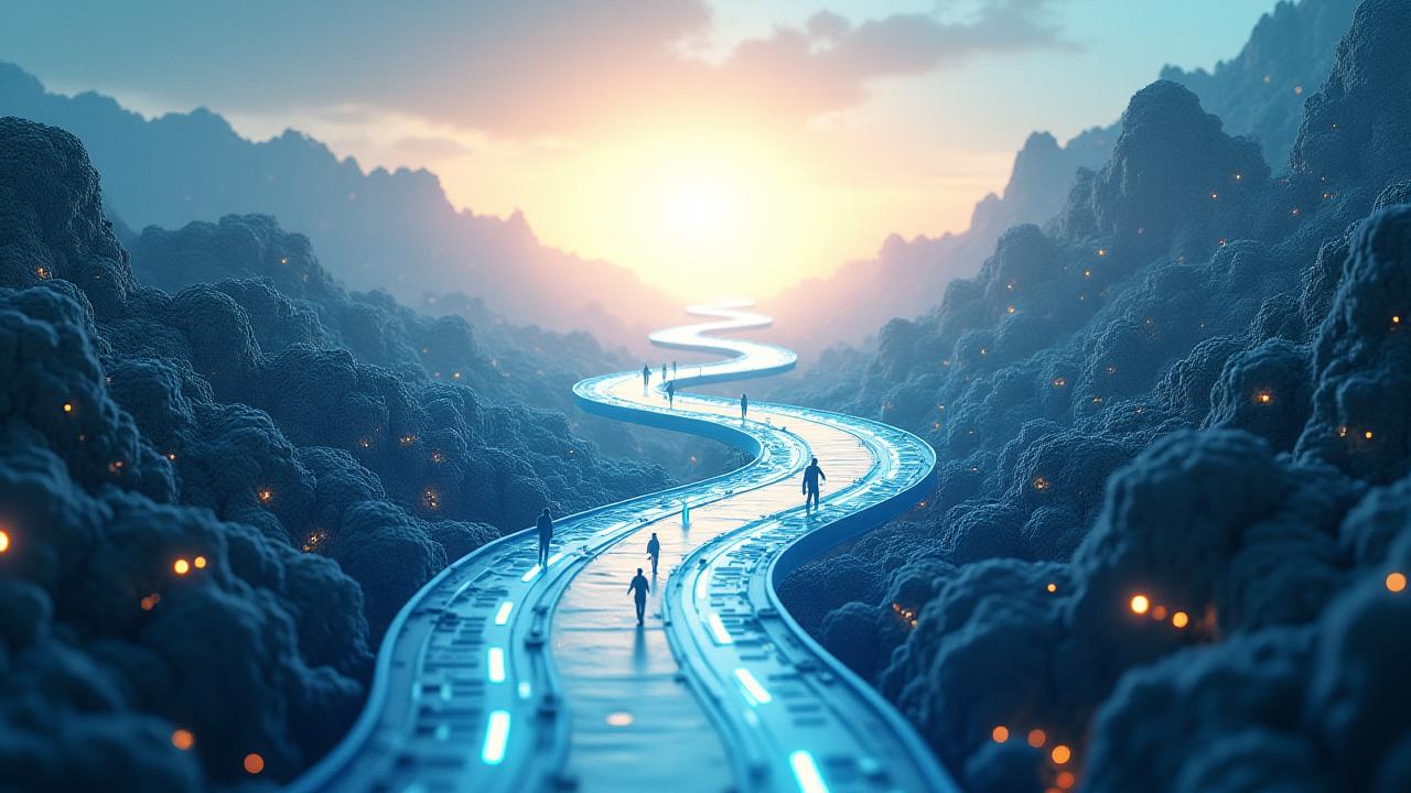 Dynamisches Bild, das Veränderung symbolisiert, wie eine Weichenstellung auf einer Bahnstrecke, die in mehrere Richtungen führen kann, oder ein Brückenbauprojekt in einer sich entwickelnden Landschaft.