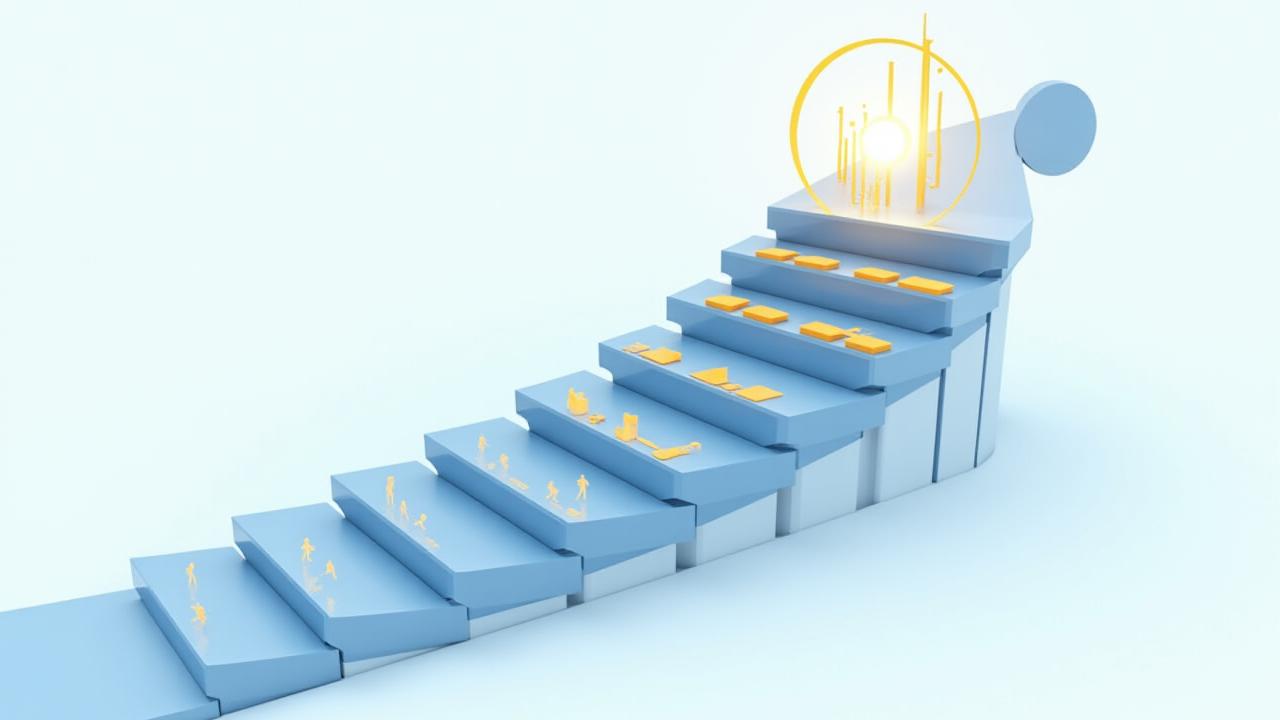 Infografik, die Kotters 8-Stufen-Modell als eine aufsteigende Treppe oder einen Kreislauf darstellt, interaktiv mit Beschreibungen bei Hover für jede Stufe.