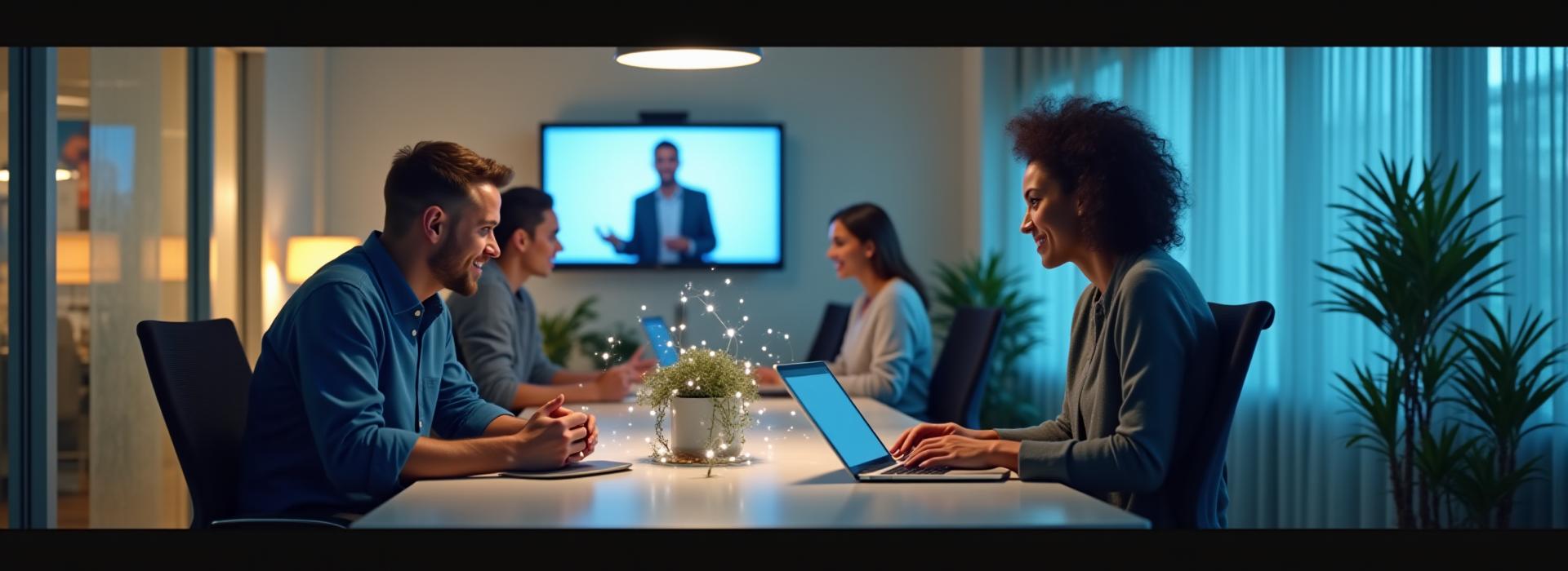 Mitarbeiter im Home-Office und im Büro, die über Videokonferenz verbunden sind und an einem flexiblen Arbeitsmodell teilnehmen