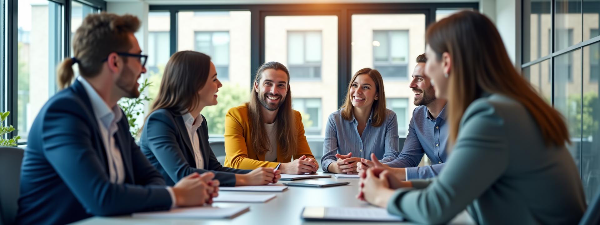 Engagierte und zufriedene Mitarbeiter in einem modernen Büro, die zusammenarbeiten und lachen.
