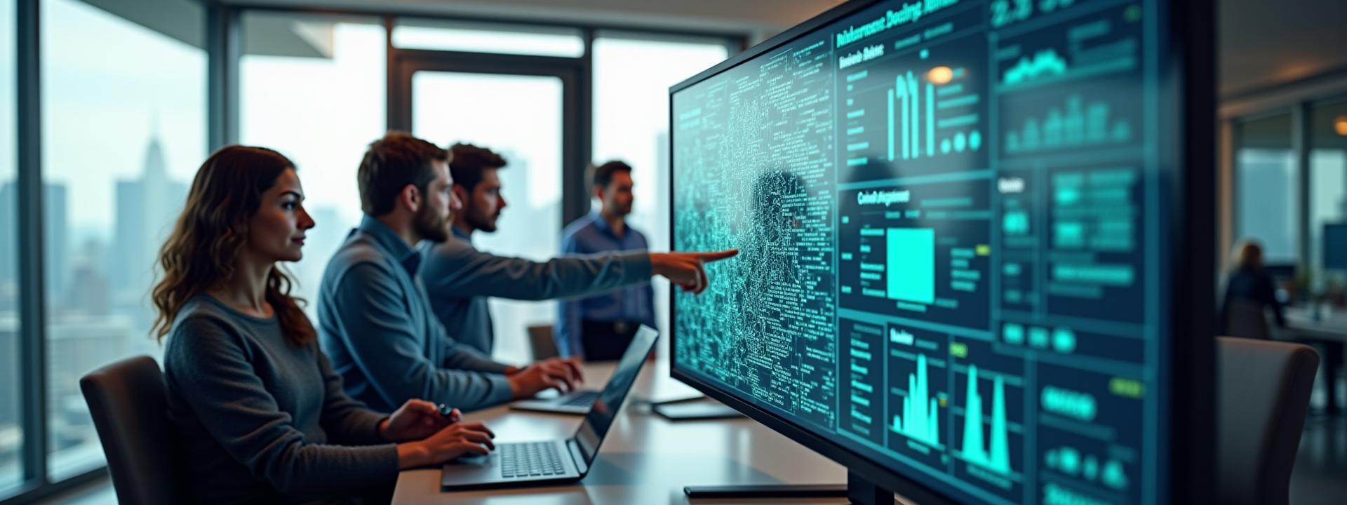 Professionelles Büro mit Mitarbeitern, die konzentriert an Laptops arbeiten und zusammenarbeiten. Datenvisualisierungen schweben als AR-Elemente über den Bildschirmen.