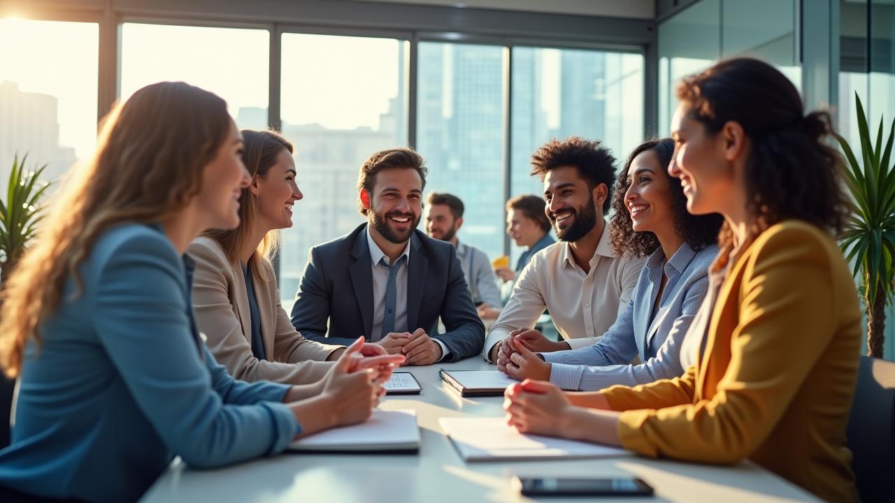 Team von Mitarbeitern in einem modernen Büro, die zusammenarbeiten und lachen, ein Gefühl von Harmonie und positivem Engagement ausstrahlend.